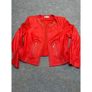 Extenzo Paris Red Studded Faux Leather Moto Jacket Women’s 46 
Zip Pockets Vegan